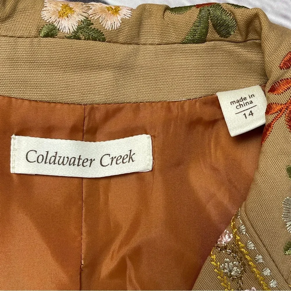 COLDWATER CREEK boho paisley floral embroidered tan coat jacket, size 14 - Picture 3 of 16